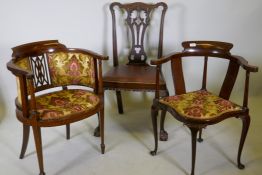 A Victorian inlaid mahogany tub shaped parlour chair, bow shaped elbow chair and a Chippendale style