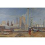 Harry Baines, figures in an industrial landscape (India), signed oil on canvas, A/F, 24" x 48"