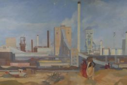 Harry Baines, figures in an industrial landscape (India), signed oil on canvas, A/F, 24" x 48"