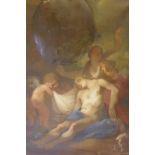An C18th Baroque scene of a hero's death, the death of Adonis? oil on canvas, relined, patched,