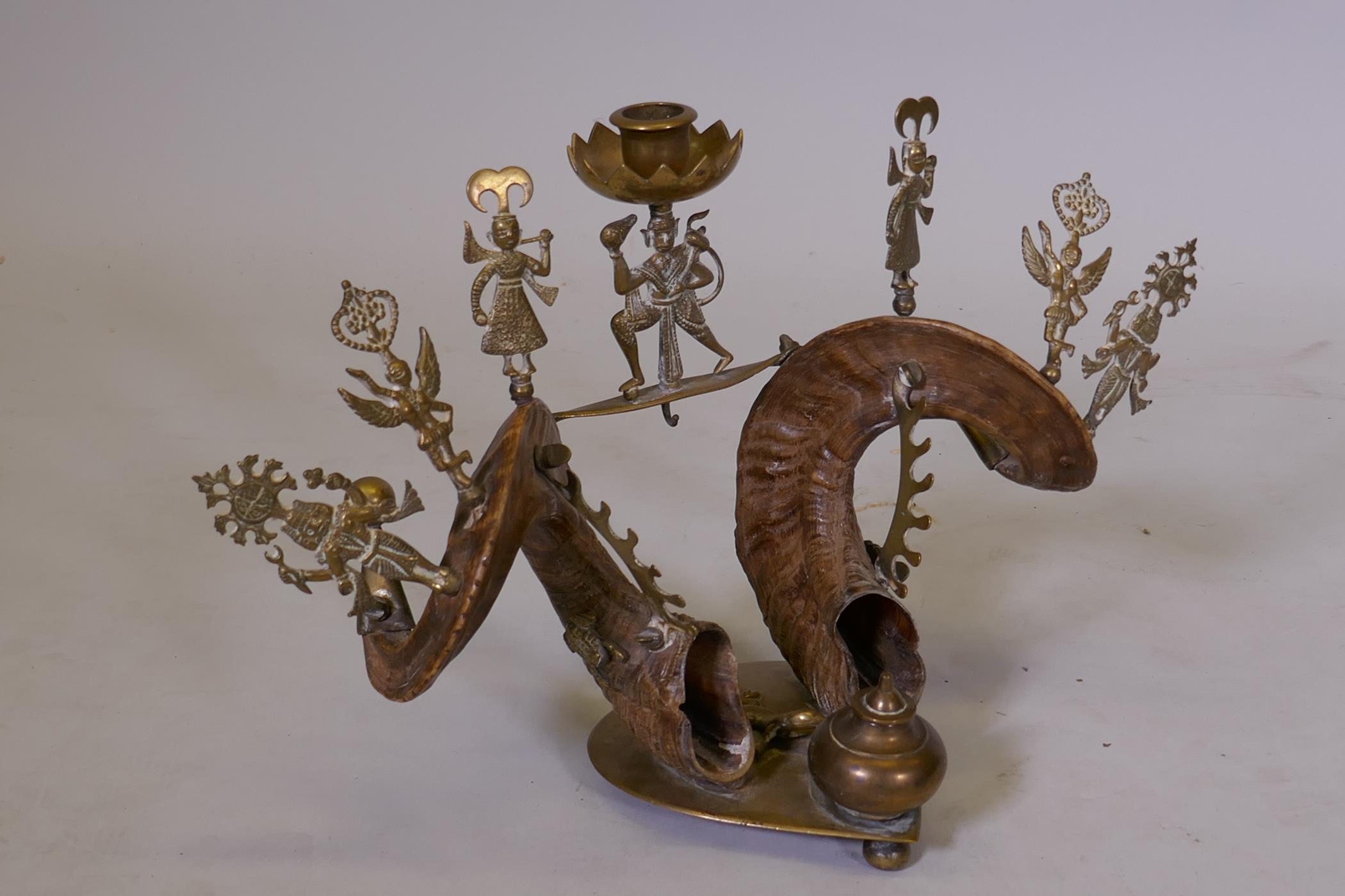 Antique Anglo Indian desk stand with inkwell and ram's horn decoration, with brass mounts, 9" high - Image 2 of 4