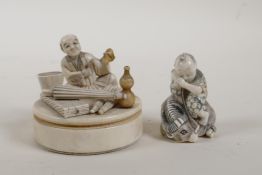 A Japanese Meiji period ivory netsuke in the form of a child asleep on a buffalo, signed to base,