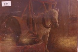 Interior of a mill, with a pony at the millstone, unsigned, late C19th/early C20th, oil on panel,