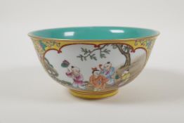 A Chinese famille rose enamelled yellow ground porcelain rice bowl with decorative panels
