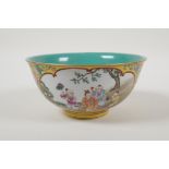 A Chinese famille rose enamelled yellow ground porcelain rice bowl with decorative panels