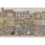 Diane Elson, shoppers in a busy parade, watercolour illustration, 10½" x 7"