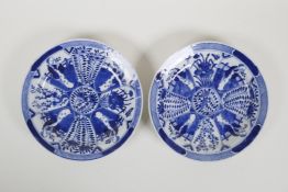 A pair of blue and white porcelain cabinet dishes decorated with figures in a garden, Chinese 4