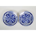 A pair of blue and white porcelain cabinet dishes decorated with figures in a garden, Chinese 4