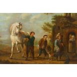 In the manner of Wouvermans, figures with a horse and dogs by a dwelling, antique oil on panel,