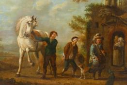 In the manner of Wouvermans, figures with a horse and dogs by a dwelling, antique oil on panel,