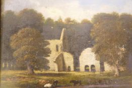 Landscape with cattle by a ruined building, unsigned, probably C18th, oil on canvas, relined, 21"