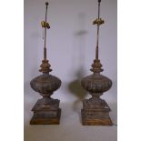 A pair of vintage oversize wood and plaster table lamps with painted and parcel gilt decoration, 53"