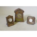 An Edwardian oak cased desk clock with silver mount, 5½" high, Birmingham 1908, a small silver