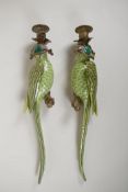 A pair of polychrome porcelain parakeet wall sconces with gilt metal mounts, 18½" long