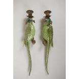 A pair of polychrome porcelain parakeet wall sconces with gilt metal mounts, 18½" long