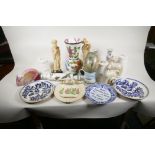 A quantity of pottery and porcelain including Portmeirion rolling pin, Worcester 'Flat Mates' cat,