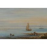 Coastal inlet with figures and boats, oil on oak panel in a good swept gilt frame, 9" x 16"