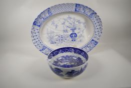 A large C19th Copeland pottery meat platter decorated with the oriental vase and fence pattern,