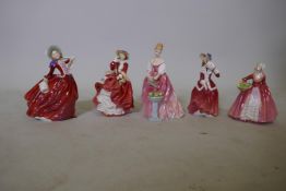 Five Royal Doulton figurines, Janet, Autumn Breeze, Christmas Morn, Top of the Hill and Alexandra