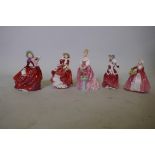 Five Royal Doulton figurines, Janet, Autumn Breeze, Christmas Morn, Top of the Hill and Alexandra