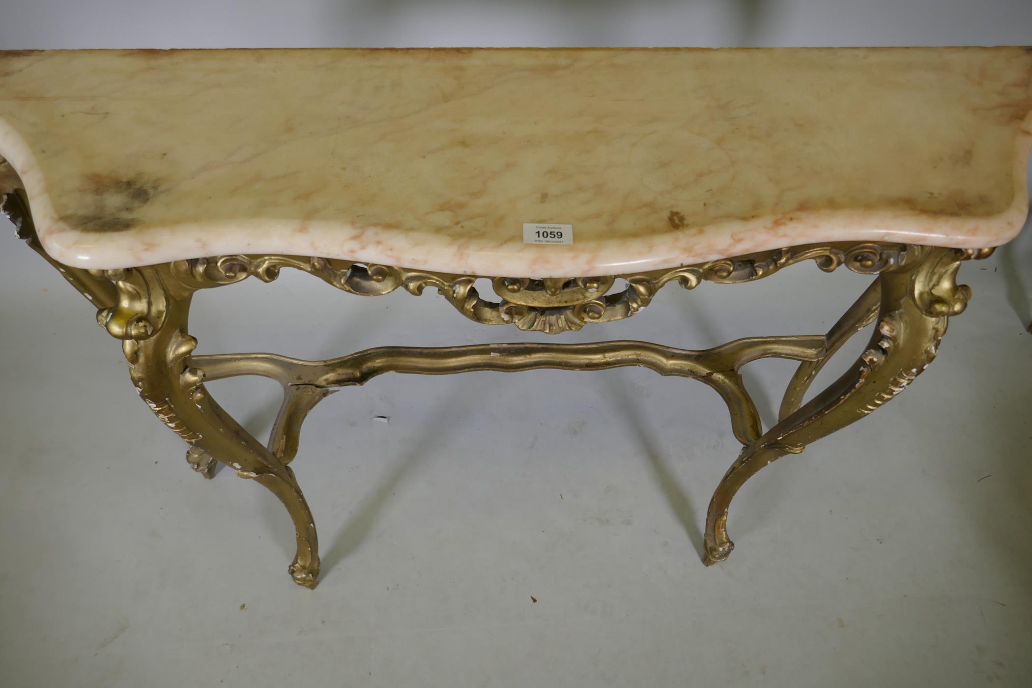 An Italian giltwood console table with marble top and carved and pierced frieze, raised on shaped - Image 4 of 4