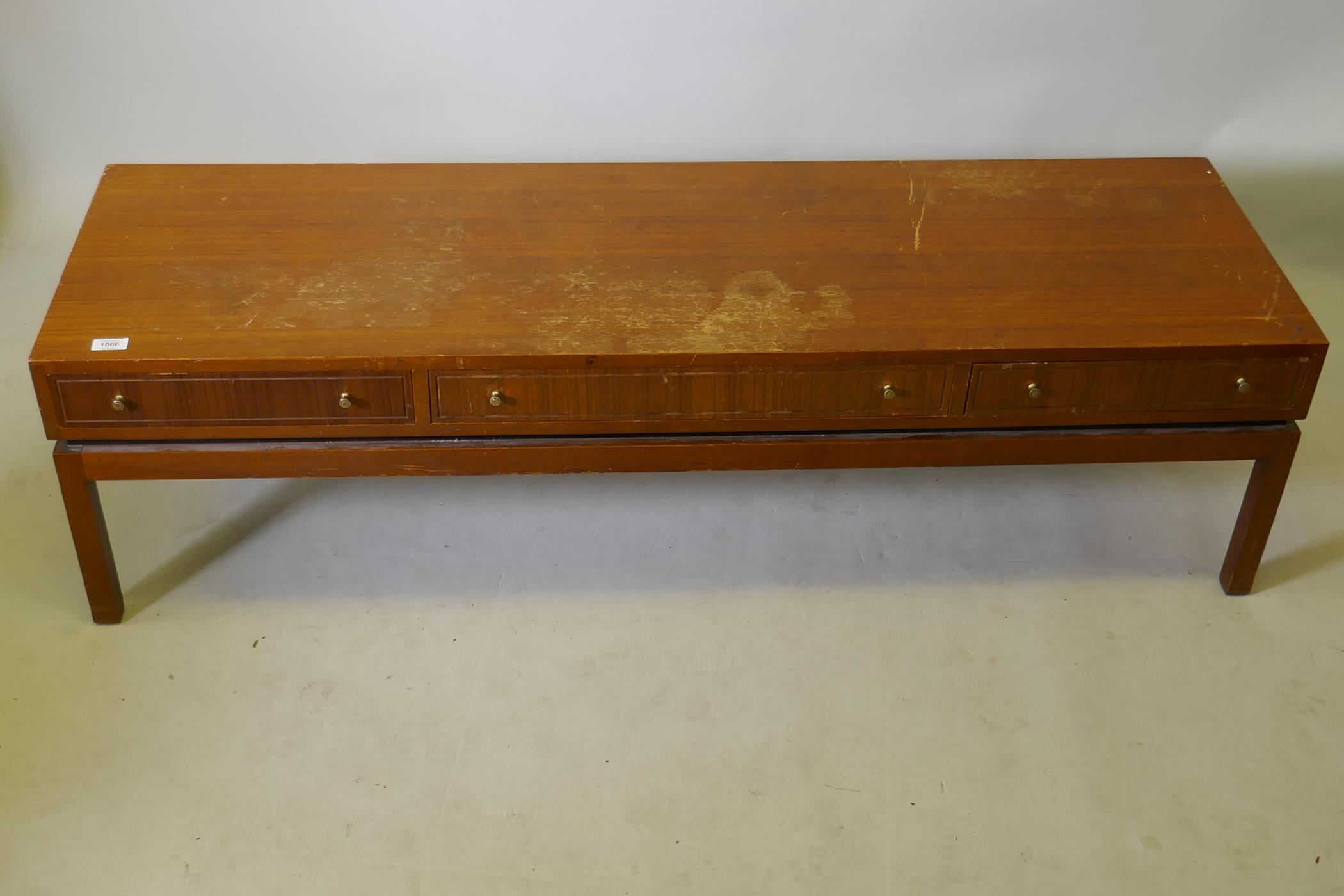 A mid century teak low table with three push/pull drawers, 59" x 18" x 16" - Image 2 of 5