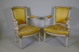 A pair of Louis XV painted and parcel gilt open armchairs, 43" high
