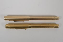 Two gold plated 'Swan' Mabie Todd fountain pens, one USA made and one England made, both with 14ct