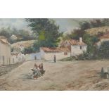 Figures in a Spanish village street, early C20th, signed Galicia, oil on canvas, 15½" x 29"