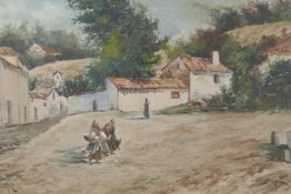 Figures in a Spanish village street, early C20th, signed Galicia, oil on canvas, 15½" x 29"