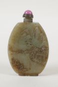 A Chinese celadon jade snuff bottle with carved landscape and Buddha decoration, 3"