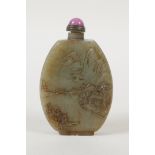 A Chinese celadon jade snuff bottle with carved landscape and Buddha decoration, 3"