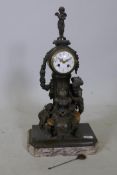 A C19th French bronzed spelter mantel clock, set on a marble base, with enamelled dial and