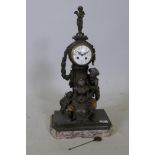 A C19th French bronzed spelter mantel clock, set on a marble base, with enamelled dial and