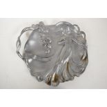 A W.M.F. Art Nouveau pewter tray, formed as a maiden and trailing flowers, 13" x 11"