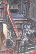 Figure reading on a stair case, modernist oil on board, 16" x 20"