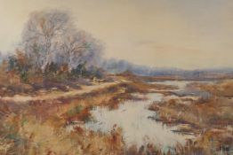 Cecilia Jaquet, a river landscape, dated 1918, in a swept gilt frame, signed, watercolour, 21" x 29"