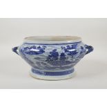A Chinese blue and white porcelain export ware two handled pot/dish, with riverside landscape