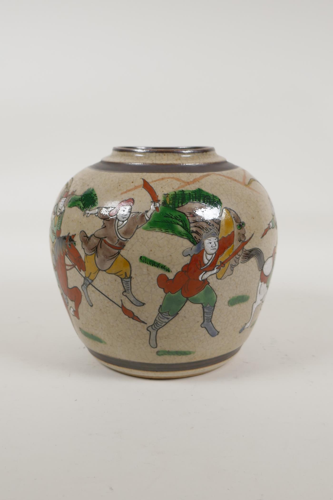 A Chinese crackleware jar with polychrome enamelled decoration of warriors, carved 4 character - Image 4 of 5
