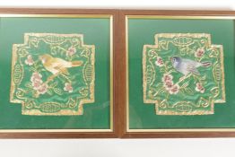 A pair of gold and silk thread embroidered pictures of birds, 7½" sq