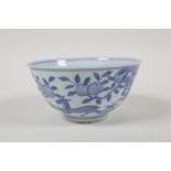 A blue and white porcelain rice bowl, decorated with deer and peaches, Chinese 6 character mark to