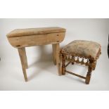 A C19th pine stool on refectory end supports, 16½" x 16" x 10", and another small footstool