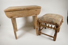 A C19th pine stool on refectory end supports, 16½" x 16" x 10", and another small footstool