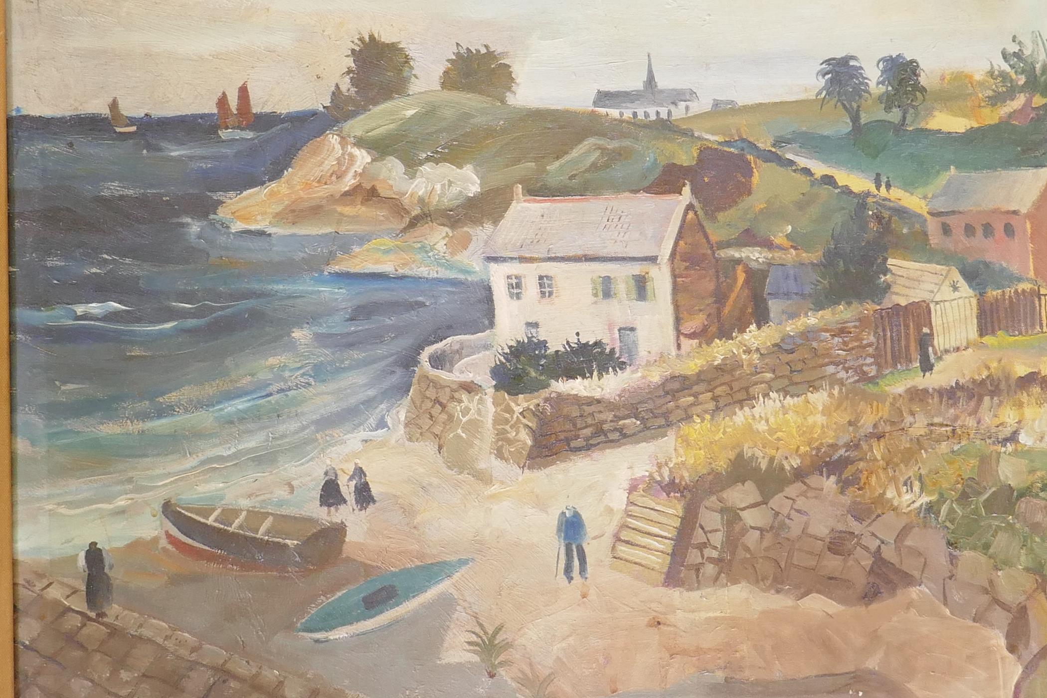 Naive landscape with coastal bay, unsigned, early C20th, oil on canvas, 22" x 17"