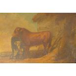 Bull by a farm building, unsigned, inscribed verso Eliza Galston, Burwood, 1810, oil on panel, 17" x