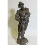 A. Carrier, bronze patinated spelter figure of a musketeer, 27" high