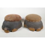 A pair of C19th taxidermy elephant feet foot stools, with fabric covered horse hair seats, 15"