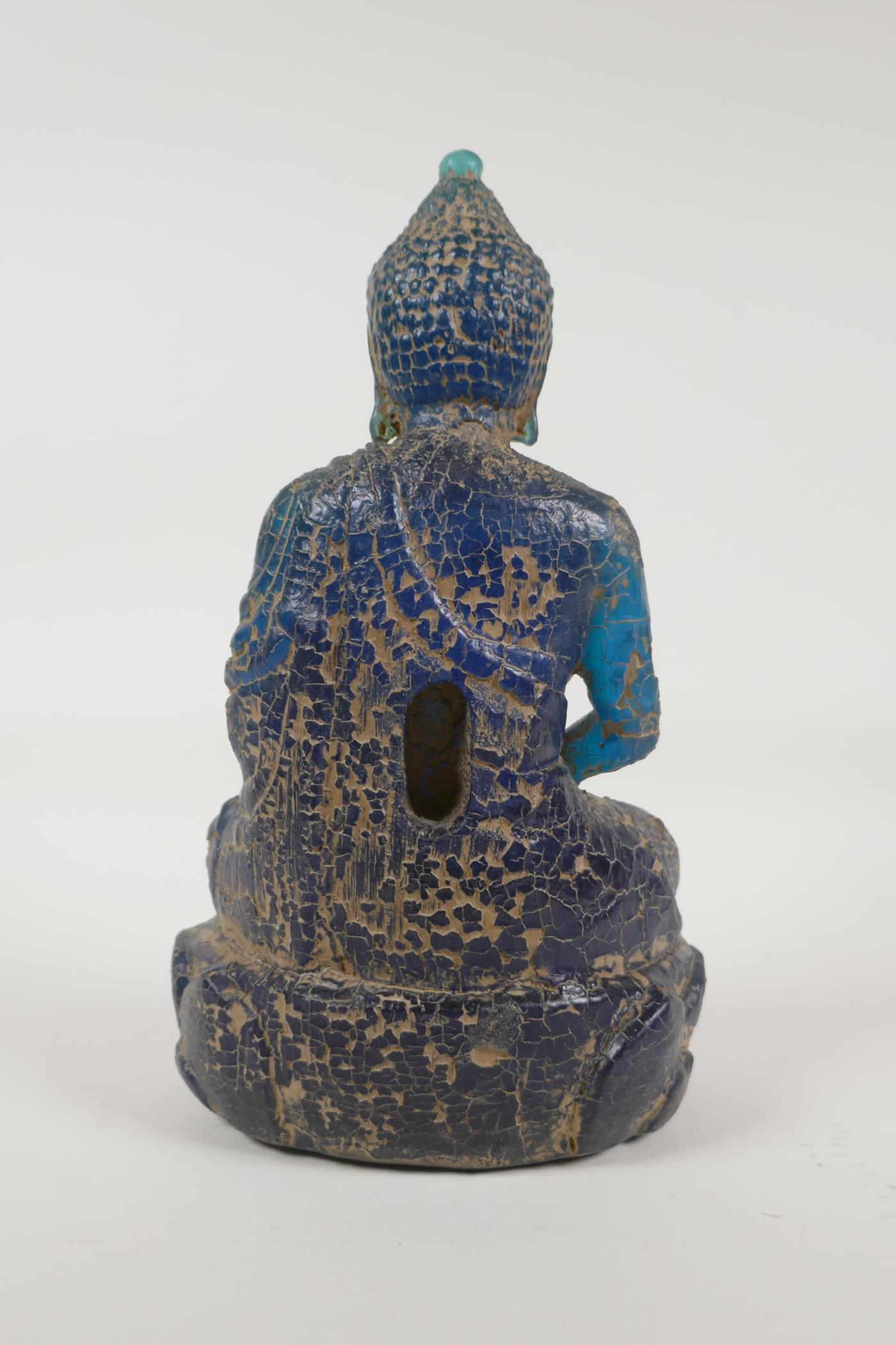 A Chinese archaic style blue composition figure of buddha with a distressed finish, 10" high - Image 3 of 3