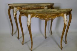 A pair of Italian painted and parcel gilt consul tables, mid C20th, 42" x 12" x 34"