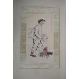 A Chinese printed watercolour scroll depicting a street entertainer with his monkey and dog, 14" x
